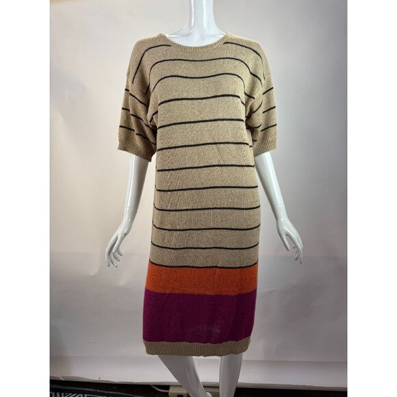 Jones New York Vintage 90s Striped Knit Sweater Dress Beige/Black W/ Orange & Pu - Picture 9 of 16
